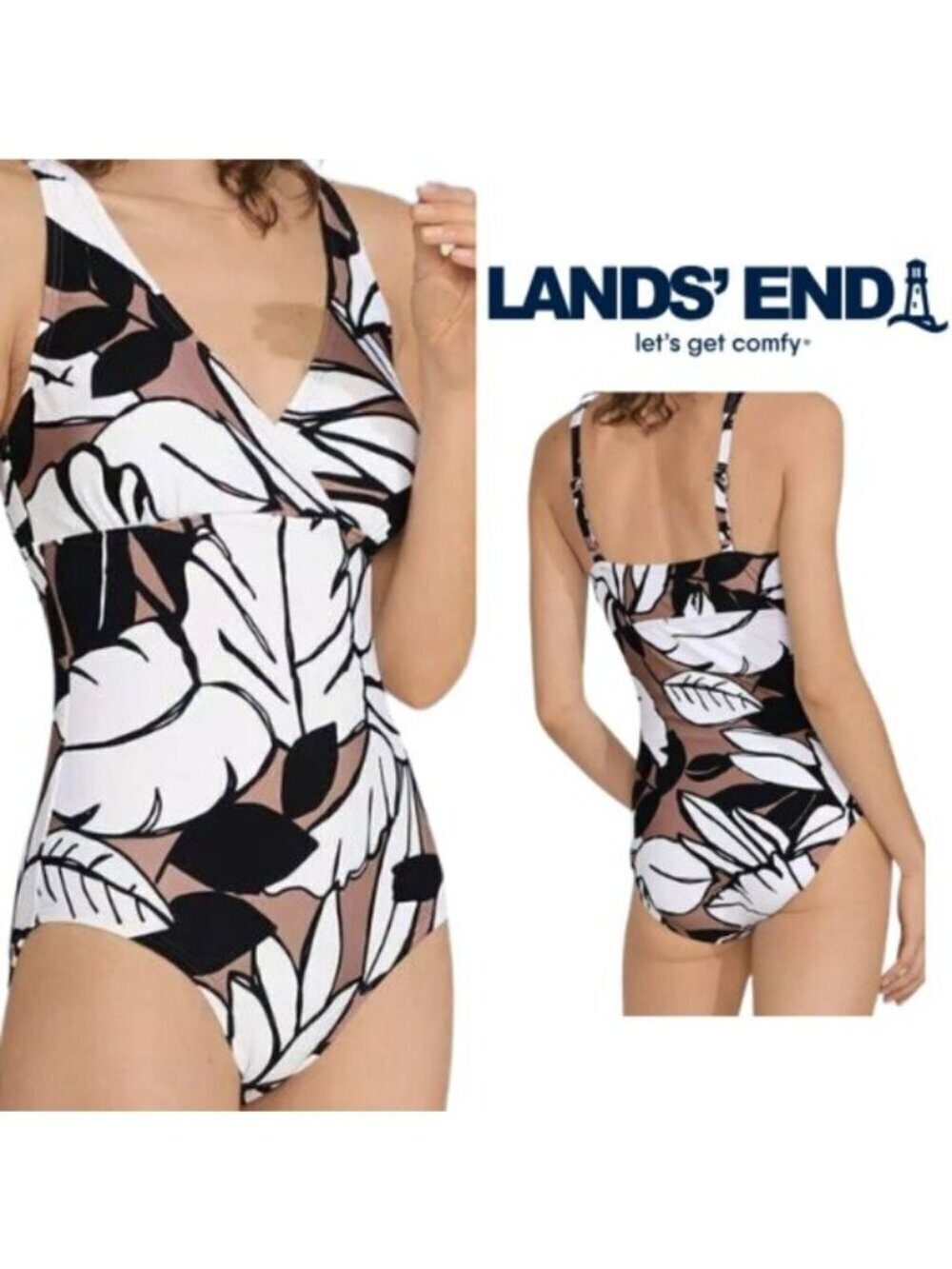 124.🆕Lands' End 6-8 Small Women's Floral Print V-Neck One Piece Swimsuit NWT